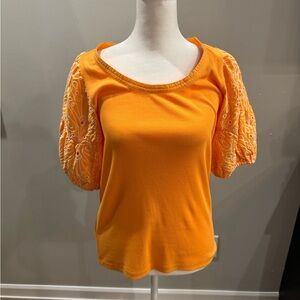 LOFT Orange Blouse with Patterned Sleeves